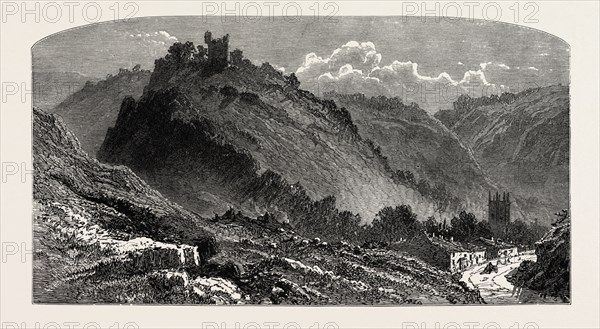 Peveril Castle, the dales of Derbyshire, country, UK, U.K., Britain, British, Europe, United Kingdom, Great Britain, European, 19th century engraving
