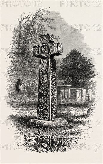 Cross at Eyam, the dales of Derbyshire, UK, U.K., Britain, British, Europe, United Kingdom, Great Britain, European, 19th century engraving
