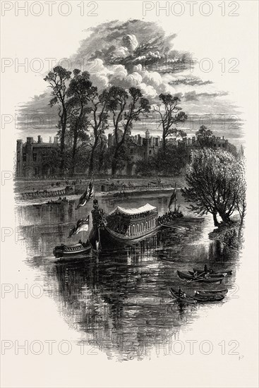 A GALA DAY AT HAMPTON COURT, SCENERY OF THE THAMES, UK, U.K., Britain, British, Europe, United Kingdom, Great Britain, European, 19th century engraving