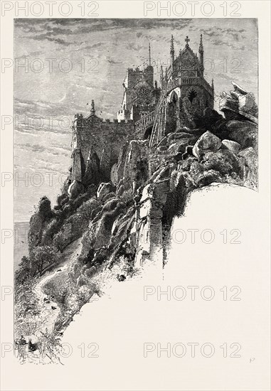 St. Michael's Mount, The land's end, UK, U.K., Britain, British, Europe, United Kingdom, Great Britain, European, 19th century engraving