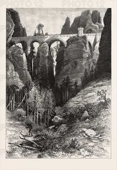 THE BASTEI BRIDGE, Saxon Switzerland, Sachsische Schweiz,  bastei, Germany, 19th century engraving