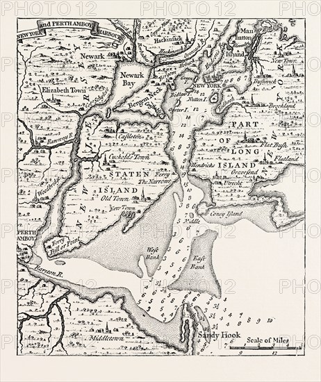 MAP OF NEW YORK ABOUT THE MIDDLE OF THE EIGHTEENTH CENTURY, From Popple's Atlas, UNITED STATES OF AMERICA, US, USA, 1870s engraving