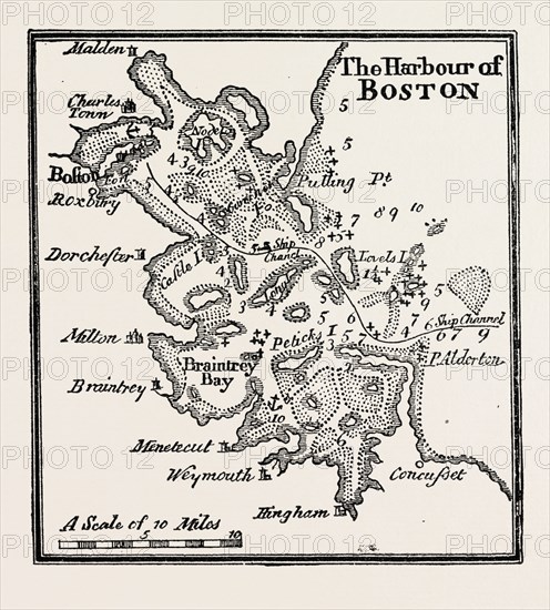 PLAN OF THE HARBOUR OF BOSTON AT THE BEGINNING OF THE 18TH CENTURY, UNITED STATES OF AMERICA, US, USA, 1870s engraving
