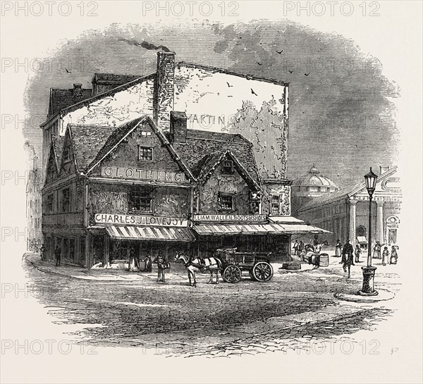 OLD BUILDING AT BOSTON WHERE THE TEA PLOT IS SUPPOSED TO HAVE BEEN HATCHED, UNITED STATES OF AMERICA, US, USA, 1870s engraving