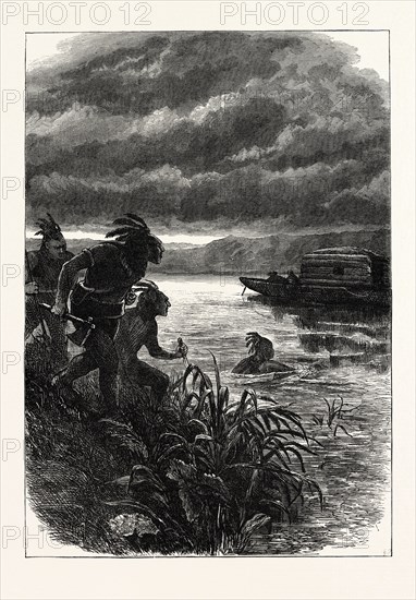 TRADERS ON THE OHIO ATTACKED BY INDIANS, UNITED STATES OF AMERICA, US, USA, 1870s engraving