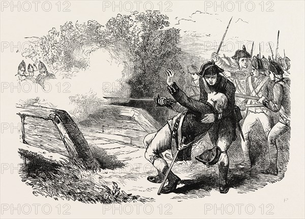 DEATH OF ISAAC DAVIS, He was a gunsmith and a militia officer who commanded a company of Minutemen from Acton, Massachusetts, during the first battle of the American Revolutionary War. In the months leading up to the Revolution, Davis set unusually high standards for his company in terms of equipment, training, and preparedness, US, USA, 1870s engraving