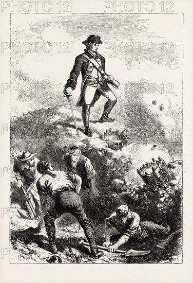 THE DEFENCE OF BREED'S HILL: PRESCOTT IN THE REDOUBT, UNITED STATES OF AMERICA, US, USA, 1870s engraving