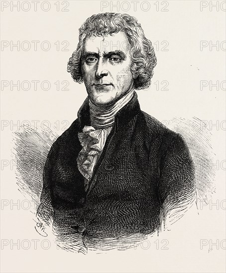 Thomas Jefferson was an American Founding Father, the principal author of the Declaration of Independence (1776) and the third President of the United States. At the beginning of the American Revolution, he served in the Continental Congress, representing Virginia, US, USA, 1870s engraving