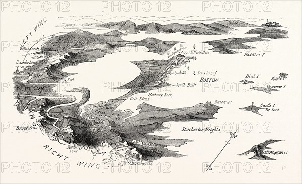 PLAN OF THE BLOCKADE OF BOSTON, UNITED STATES OF AMERICA, US, USA, 1870s engraving