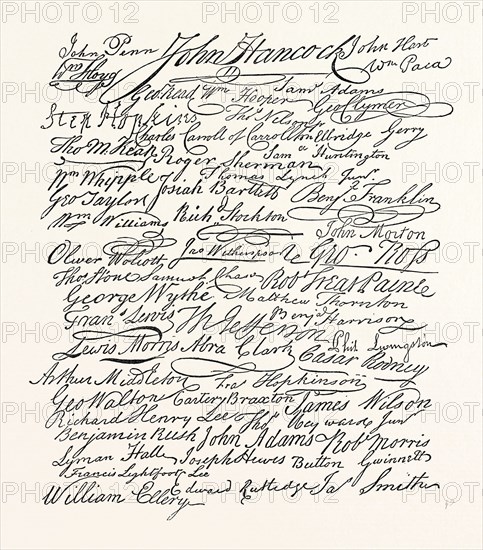 FACSIMILE OF THE SIGNATURES TO THE DECLARATION OF INDEPENDENCE, UNITED STATES OF AMERICA, US, USA, 1870s engraving