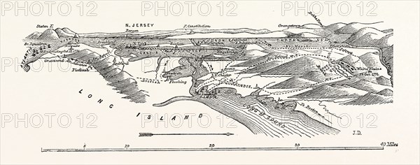 PLAN OF THE BRITISH OPERATIONS IN NEW YORK, UNITED STATES OF AMERICA, US, USA, 1870s engraving