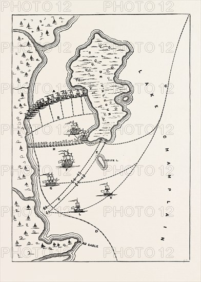 PLAN OF THE DEFEAT OF THE AMERICAN FLEET, UNDER BENEDICT ARNOLD, ON LAKE CHAMPLAIN, OCTOBER 11, 1776, US, USA, 1870s engraving