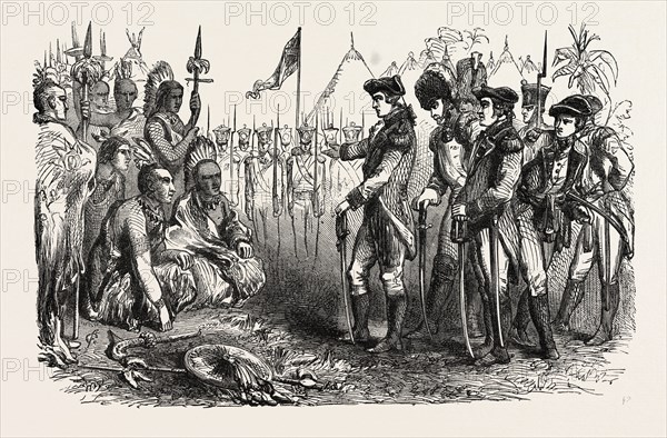 GENERAL BURGOYNE ADDRESSING THE INDIANS, UNITED STATES OF AMERICA, US, USA, 1870s engraving