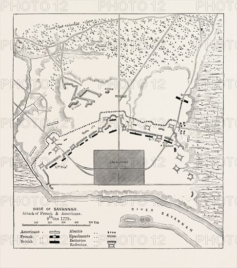 PLAN OF THE POSITION BEFORE SAVANNAH, UNITED STATES OF AMERICA; SIEGE OF SAVANNAH, US, USA, 1870s engraving