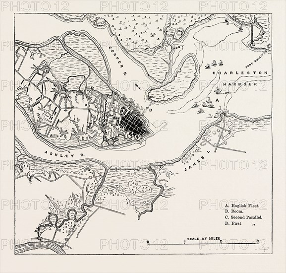 PLAN OF THE SIEGE OF CHARLESTON, UNITED STATES OF AMERICA, US, USA, 1870s engraving