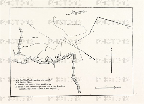 ATTACK ON NEW LONDON, AMERICAN REVOLUTIONARY WAR: PLAN OF THE POSITION OF THE ENGLISH AND FRENCH FLEETS IMMEDIATELY BEFORE THE ACTION, SEPTEMBER 5, 1781 , From Stedman's History of the American War, UNITED STATES OF AMERICA, US, USA, 1870s engraving