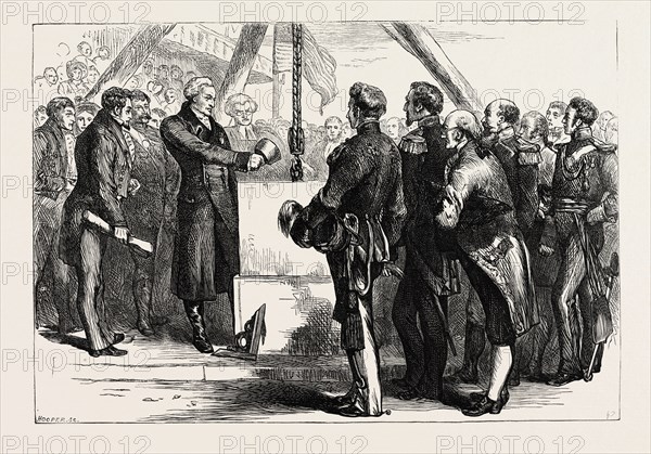 LAFAYETTE LAYING THE CORNERSTONE OF THE BUNKER HILL MONUMENT, UNITED STATES OF AMERICA, US, USA, 1870s engraving