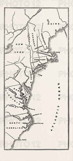 MAP TO SHOW POSITION OF THE EARLY SETTLEMENTS IN NORTH AMERICA, 1870s engraving