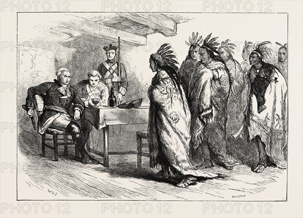 VISIT OF PONTIAC AND THE INDIANS TO MAJOR GLADWIN, US, USA, 1870s engraving