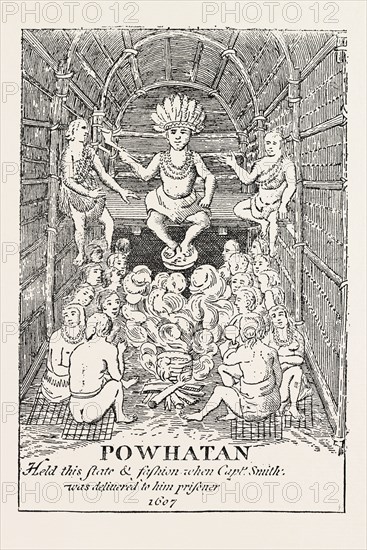 POWHATAN IN STATE. (From Smith's Virginia) Powhatan was the paramount chief of a network of tributary tribal nations in the Tidewater region of Virginia, UNITED STATES OF AMERICA, US, USA, 1870s engraving