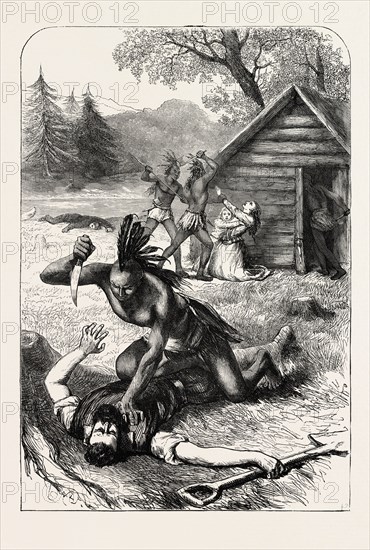 MASSACRE OF SETTLERS BY INDIANS IN NORTH AMERICA, US, USA, 1870s engraving