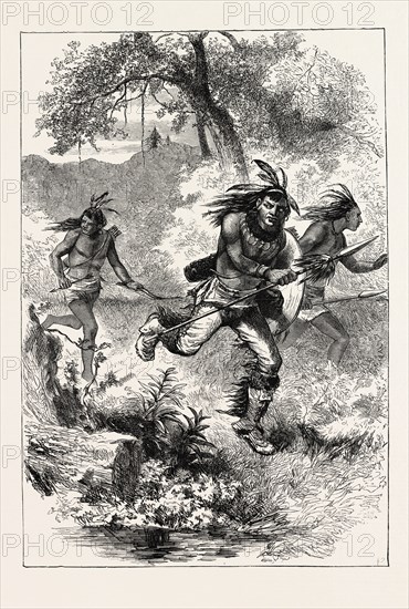 FLIGHT OF INDIANS AFTER THE MASSACRE, US, USA, 1870s engraving