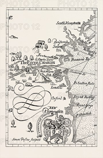 PART OF CAPTAIN J. SMITH'S MAP OF NEW ENGLAND. FROM ADVERTISEMENTS FOR THE UNEXPERIENCED PLANTERS OF NEW ENGLAND OR ANYWHERE. UNITED STATES OF AMERICA, US, USA, 1870s engraving