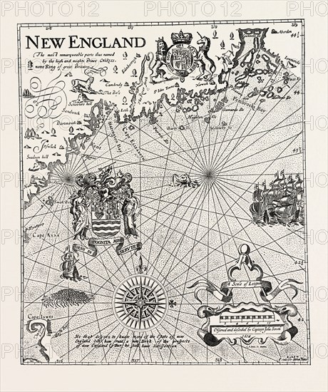PART OF CAPTAIN J. SMITH'S MAP OF NEW ENGLAND, UNITED STATES OF AMERICA, US, USA, 1870s engraving