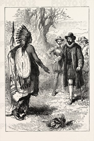 RECEPTION OF A NARRAGANSETT WARRIOR BY JOHN WINTHROP, who was a wealthy English Puritan lawyer and one of the leading figures in the founding of the Massachusetts Bay Colony, 1870s engraving