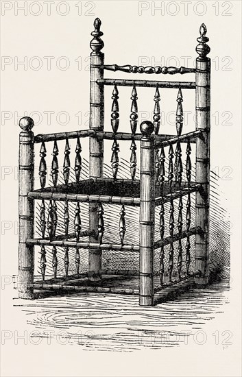 BREWSTER'S CHAIR, PRESERVED AT PILGRIM HALL, NEW PLYMOUTH, UNITED STATES OF AMERICA, US, USA, 1870s engraving
