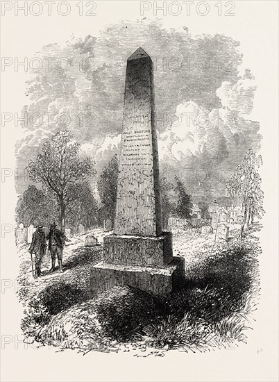 MONUMENT OVER BRADFORD'S GRAVE AT NEW PLYMOUTH, UNITED STATES OF AMERICA, US, USA, 1870s engraving