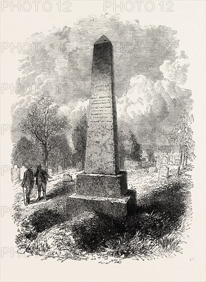 MONUMENT OVER BRADFORD'S GRAVE AT NEW PLYMOUTH, UNITED STATES OF AMERICA, US, USA, 1870s engraving