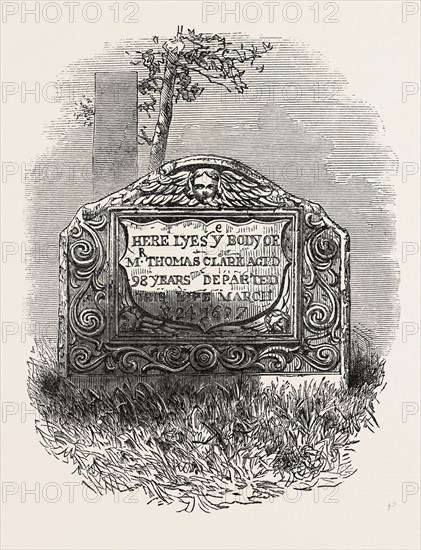 TOMB OF THE MATE OF THE MAYFLOWER, which was the ship that in 1620 transported 102 English Pilgrims, including a core group of Separatists, to New England, United States of America, US, USA, 1870s engraving