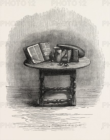 BIBLE BROUGHT OVER IN THE MAYFLOWER, IN PILGRIM HALL, NEW PLYMOUTH, UNITED STATES OF AMERICA, US, USA, 1870s engraving