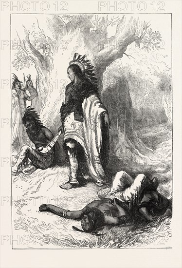 UNCAS AND MIANTONOMOH; Uncas was a sachem of the Mohegan who through his alliance with the English colonists in New England against other Indian tribes made the Mohegan the leading regional Indian tribe in lower Connecticut; Miantonomoh was a chief of the Narragansett tribe of New England Indians, US, USA, 1870s engraving