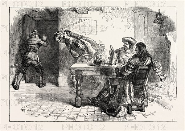 THE FRACAS AT THE SHIP TAVERN, 1870s engraving