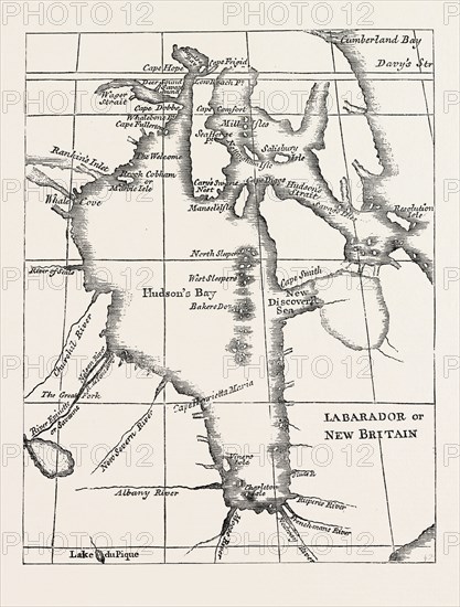 MAP OF HUDSON'S BAY, From Dobbs' Hudson's Bay, 1744, US, USA, 1870s engraving