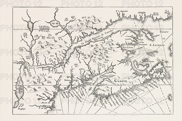 MAP OF CANADA AND NOVA SCOTIA, From Joannes de Salt's America Utriusque Descriptio, 1633, 1870s engraving