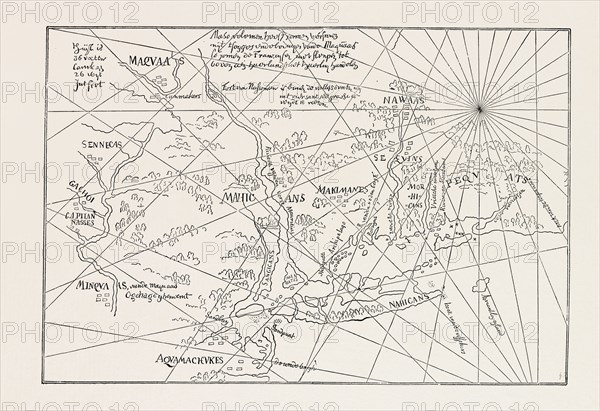 THE EARLIEST MAP OF THE NEW NETHERLANDS, US, USA, 1870s engraving