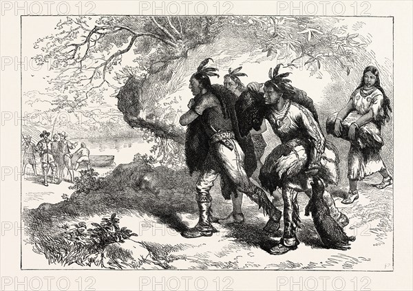 INDIANS BRINGING BEAVER SKINS TO FLEET, US, USA, 1870s engraving