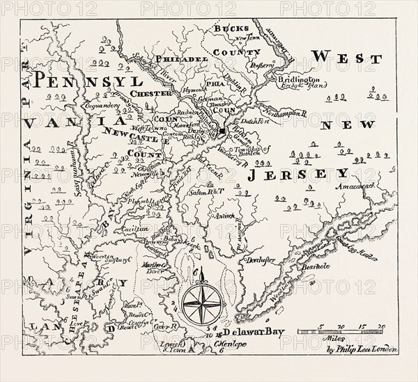 MAP OF PENNSYLVANIA AND WEST NEW JERSEY, From Thomas's History of Pennsylvania.UNITED STATES OF AMERICA, US, USA, 1870s engraving