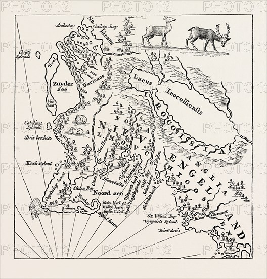 NEW ENGLAND IN 1660, UNITED STATES OF AMERICA. From Blaeu Theatre du Monde, US, USA, 1870s engraving