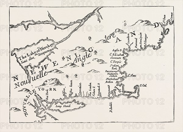 NEW ENGLAND IN 1684, UNITED STATES OF AMERICA, from a Map engraved by Michault, US, USA, 1870s engraving