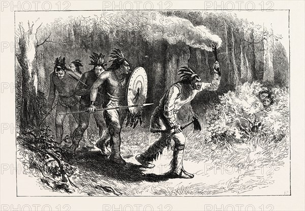 TUSCARORAS INDIANS TRACKING FUGITIVES, US, USA, 1870s engraving