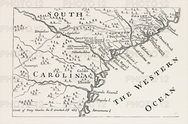 MAP OF SOUTH CAROLINA IN 1730, BY H. MOLL, UNITED STATES OF AMERICA, US, USA, 1870s engraving