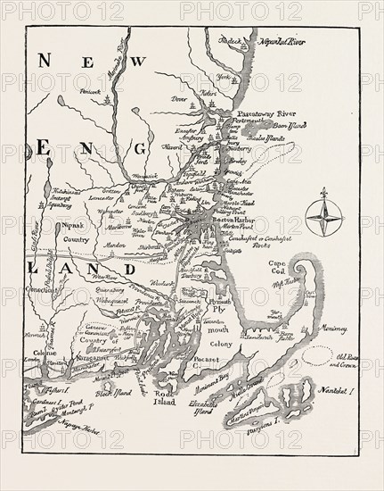 MAP OF NEW ENGLAND AT THE BEGINNING OF THE EIGHTEENTH CENTURY From Mather's Magnalia, UNITED STATES OF AMERICA, US, USA, 1870s engraving