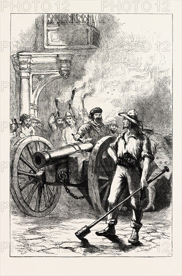 THE MOB FIRING CANNON BEFORE THE COURT HOUSE WHERE M'LEOD WAS IMPRISONED, US, USA, 1870s engraving