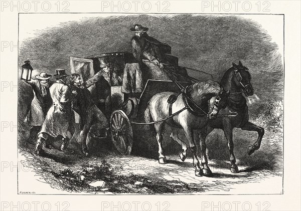 THE ABDUCTION OF WILLIAM MORGAN, He was a resident of Batavia, New York, whose disappearance and presumed murder in 1826 ignited a powerful movement against the Freemasons, a fraternal society that had become influential in the United States, US, USA, 1870s engraving