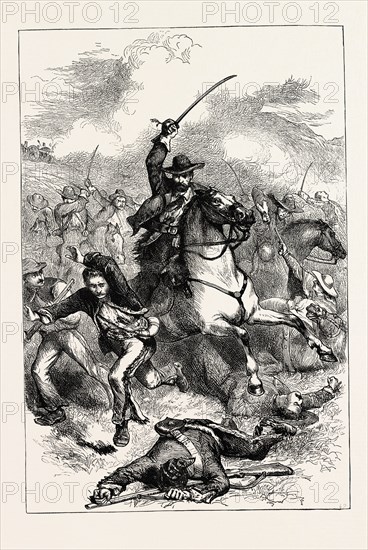 The Battle of Buena Vista, also known as the Battle of Angostura, saw the United States (U.S.) Army use artillery to repulse the much larger Mexican army in the Mexican-American War, US, USA, 1870s engraving