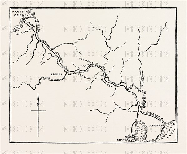 MAP OF THE PANAMA RAILROAD, PANAMA, 1870s engraving